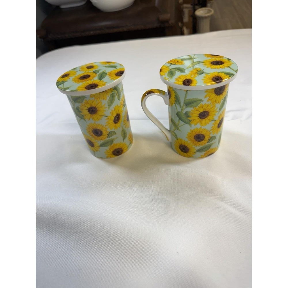 Kent Pottery Sunflower Mug Set of 2 With Matching Lids Coasters Fine Porcelain